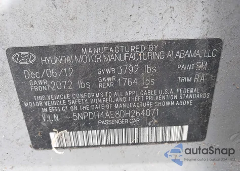 2013 Hyundai Elantra Gls z USA, uszkodzony, nr VIN 5NPDH4AE8DH264071